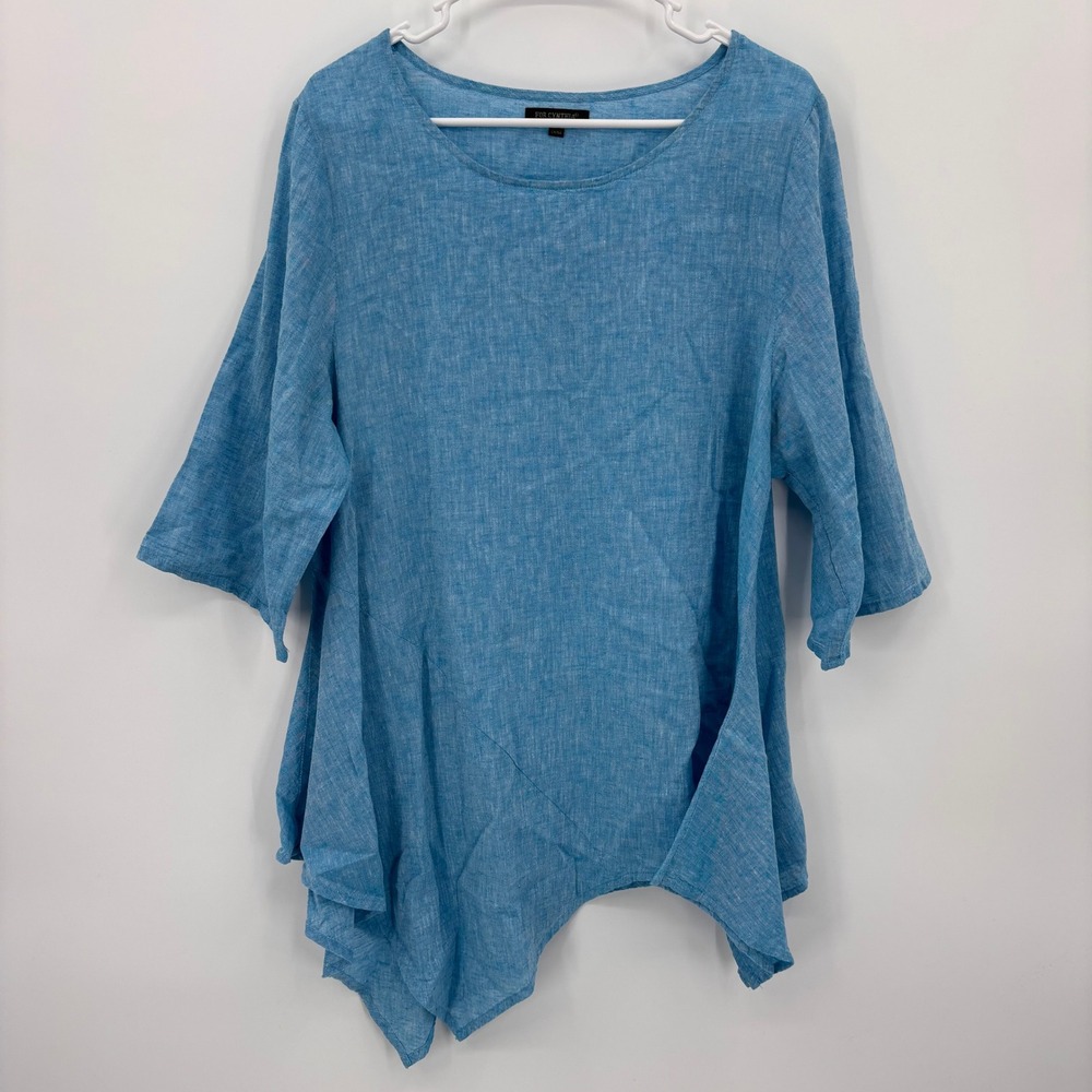 For Cynthia Tunic Women L Blue Excellent Linen Blend Asymmetrical Sharkbite Top